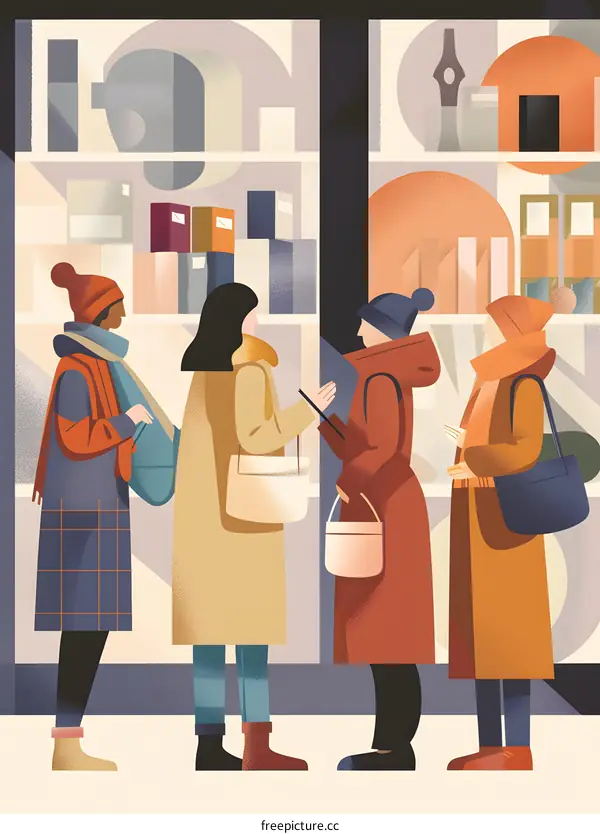 Four Women in Coats Standing in Front of a Store Window