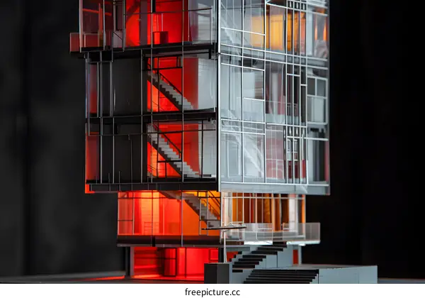 Modern Building Model with Red and Orange Lighting