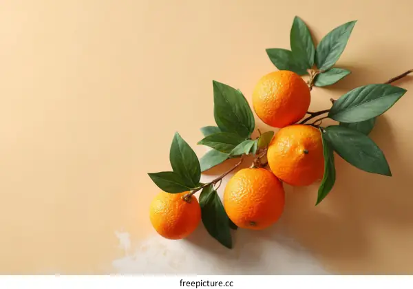 Fresh Orange Branch on Beige Background