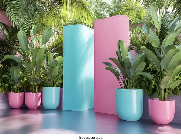Tropical Summer Background With Blue And Pink Walls