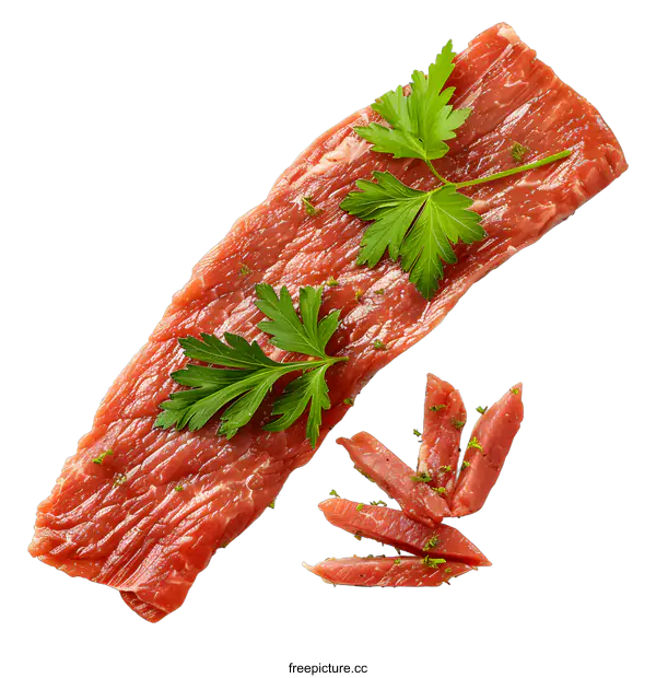 [Transparent Background PNG]Raw Beef Steak with Parsley on White Background