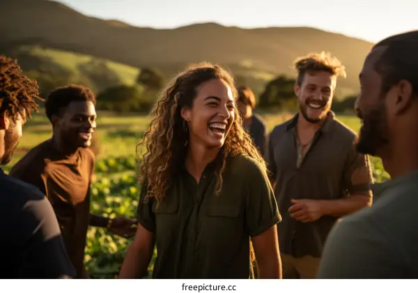 Group of diverse friends laughing and bonding in a rural field at sunset