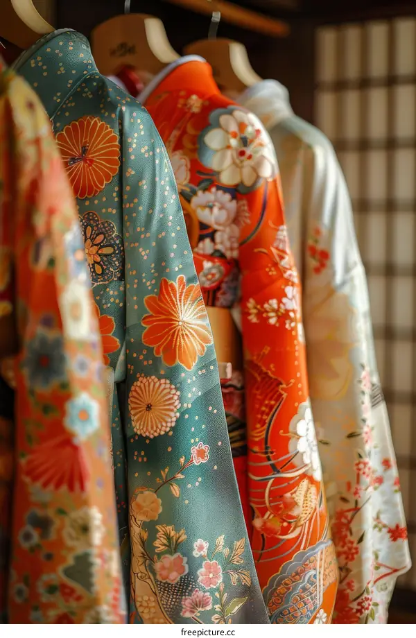 Traditional Japanese Kimonos Hanging On Rack