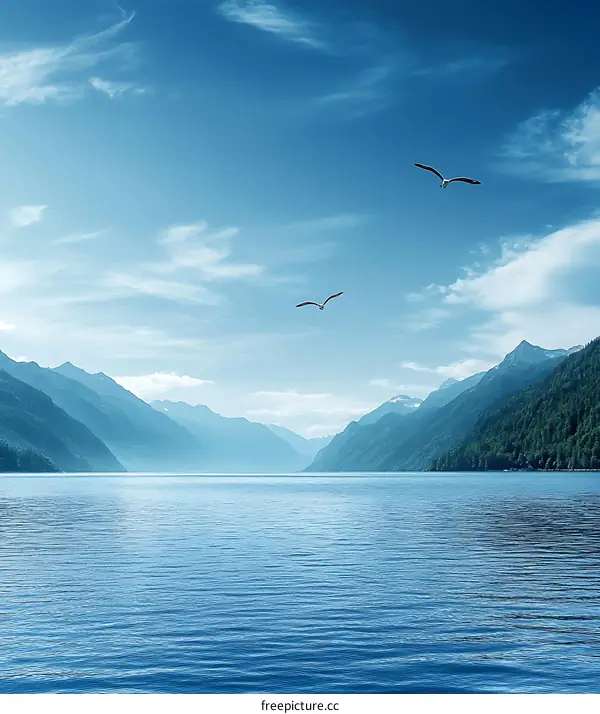 Calm Lake Surrounded by Mountains and Two Birds Flying