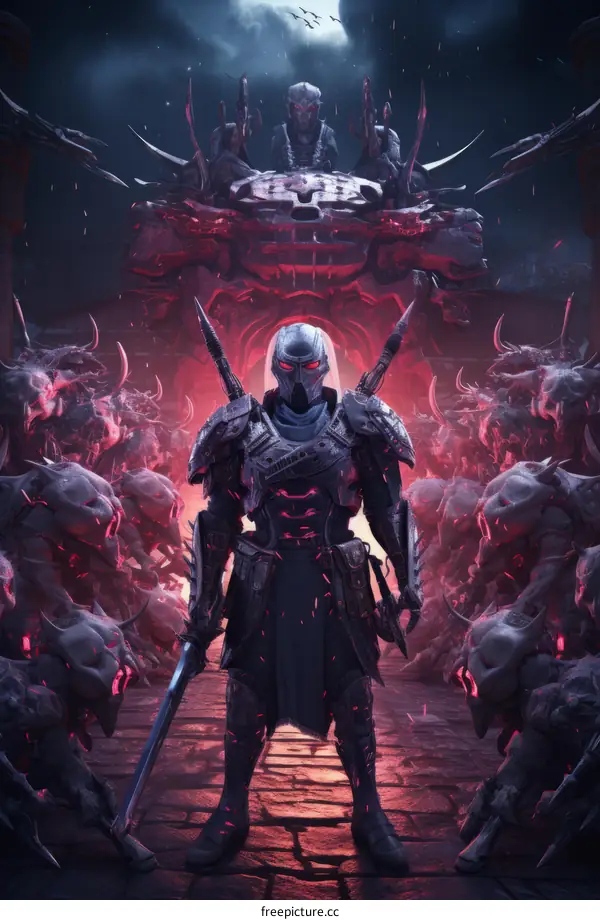 A warrior standing in front of a horde of monsters