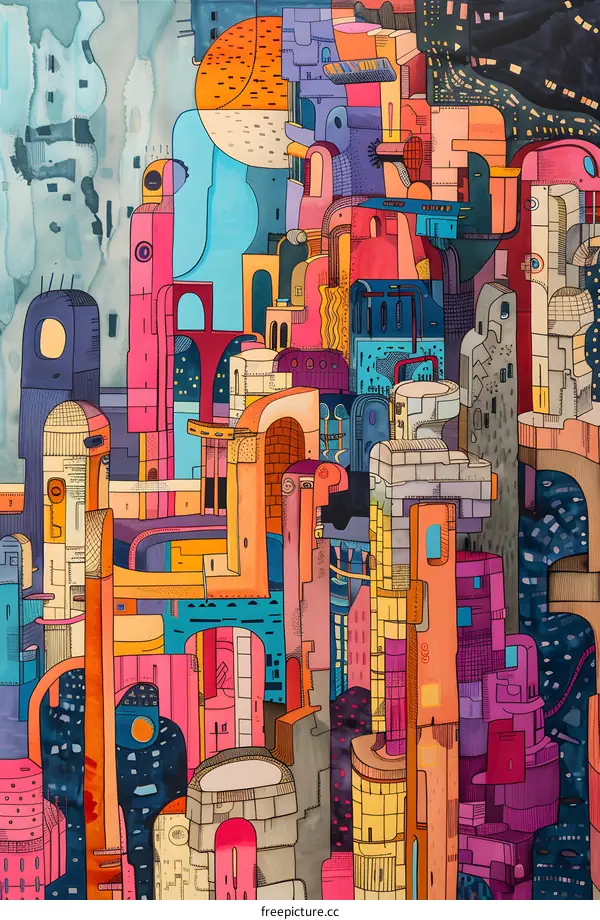 Abstract Watercolor Painting of a Colorful Cityscape
