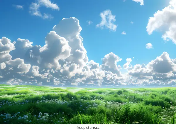 Green field with white flowers and blue sky