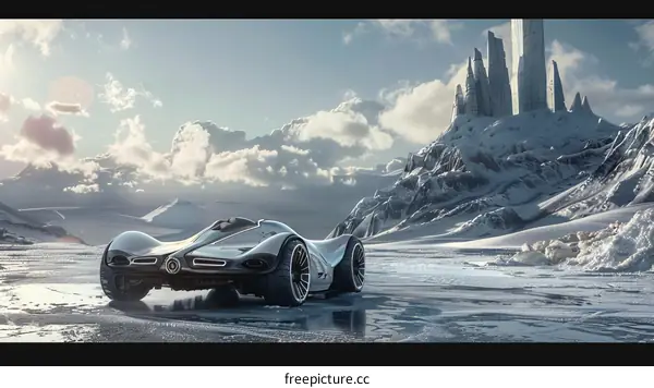 futuristic car in a snowy landscape