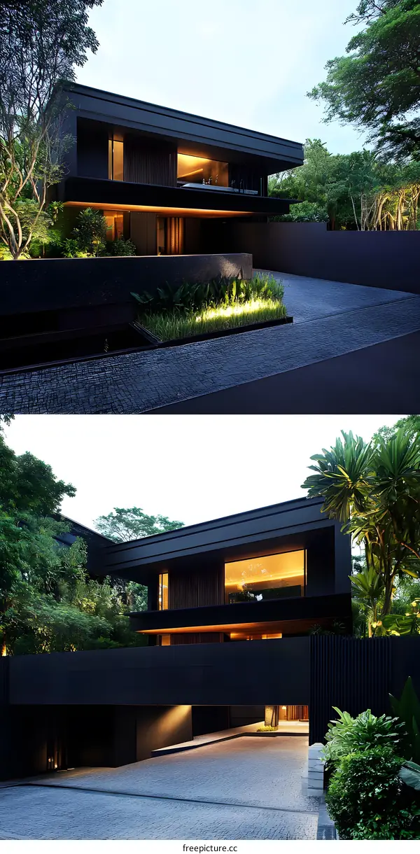 Modern Black House with Lush Greenery and a Stone Driveway