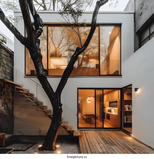 Modern Minimalist House with Tree in Backyard