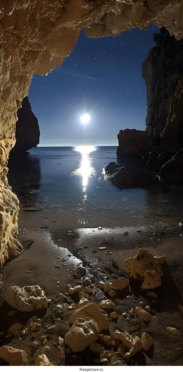 Full moon rising over the sea as seen through a cave opening