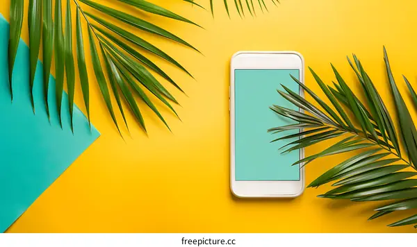 Summer Mobile Phone Mockup With Palm Leaves
