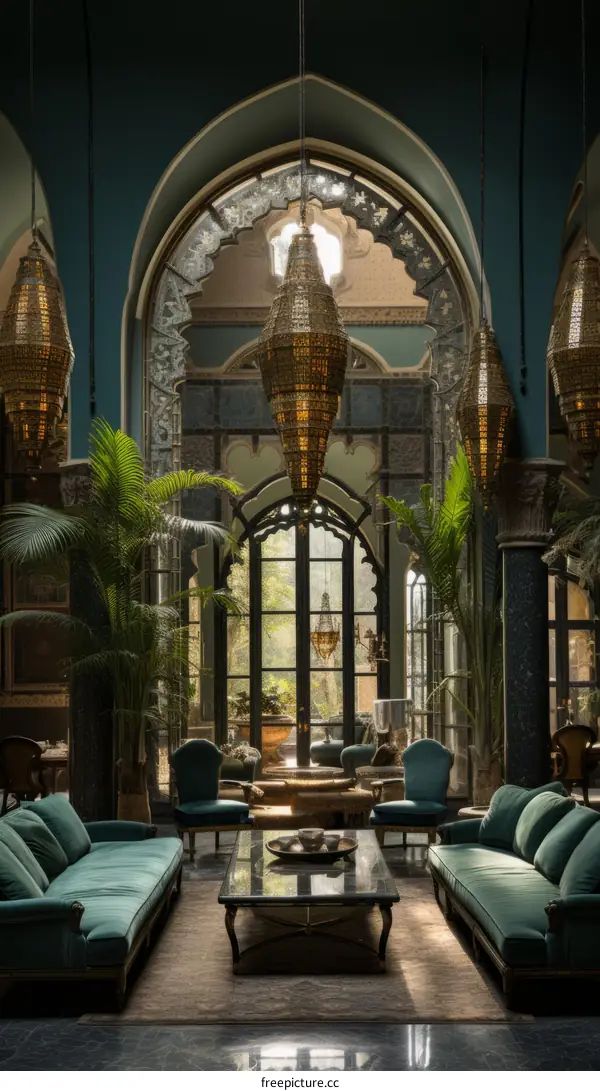 Grand Living Room with Blue Velvet Sofas and Palm Trees