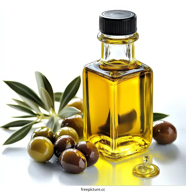 Olive Oil in a Small Bottle with Olives