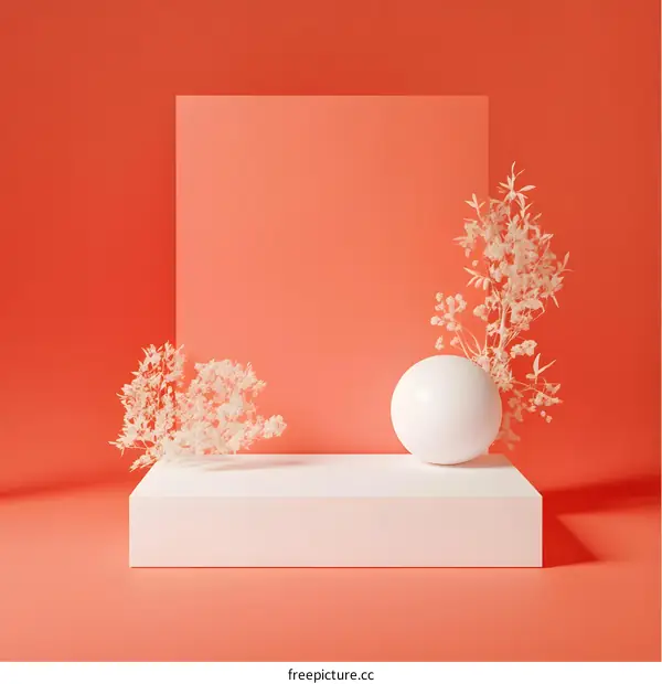 Minimalist White Sphere and Platform with Dried Flowers on Coral Background