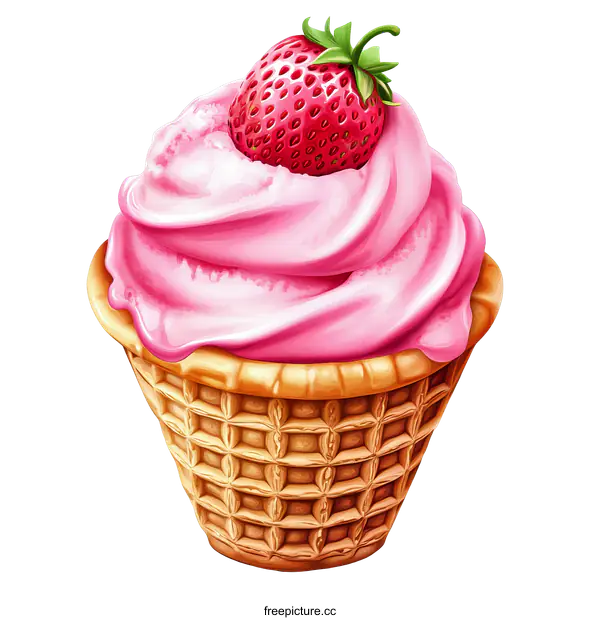 [Transparent Background PNG]Strawberry Ice Cream in Waffle Cone Illustration