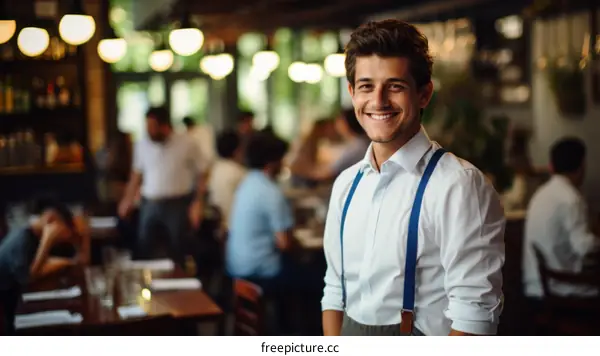 Portrait of a young male wearing suspenders in a restaurant