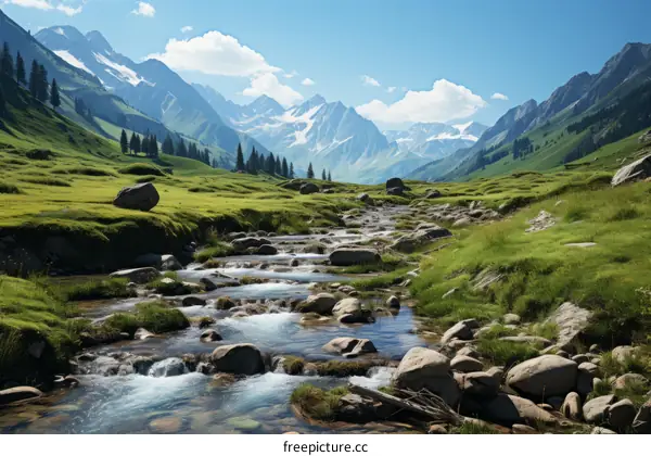 rocks in a river flowing through a valley with mountains in the distance