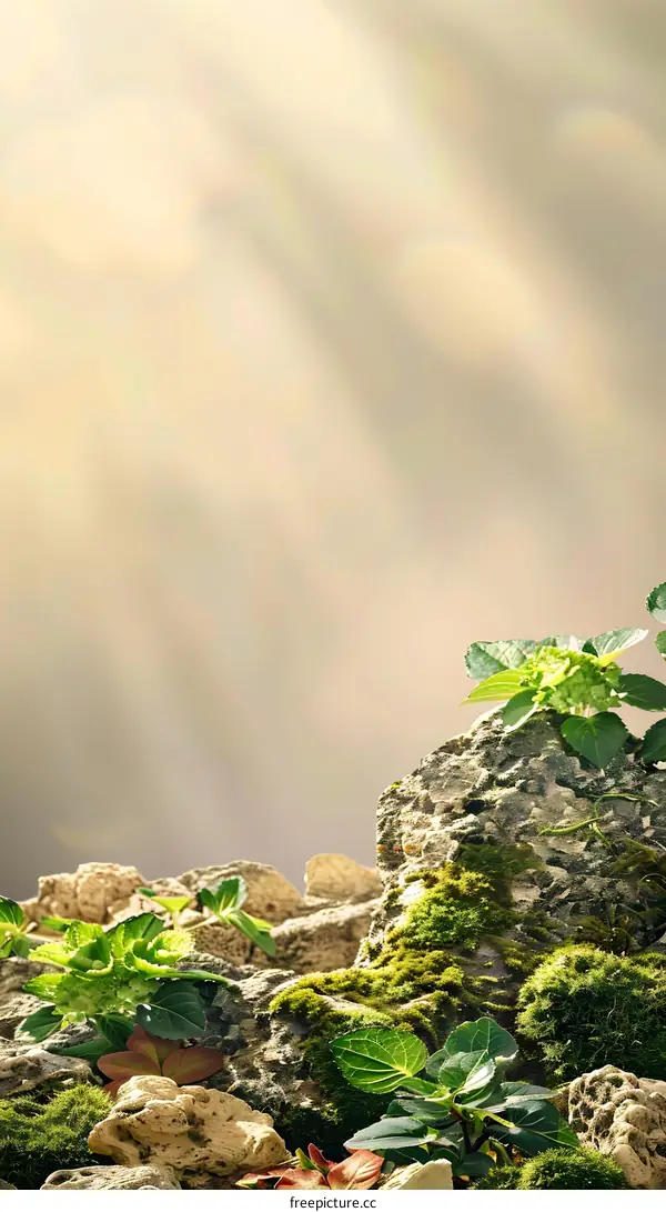 Sunlight Shining Through Green Plants And Rocks