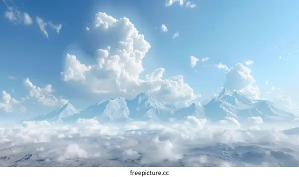 A vast snow-capped mountain range with clouds