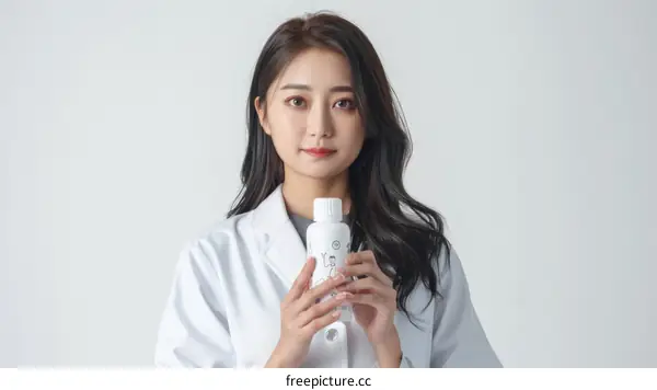 A young female doctor in a white lab coat holds a bottle of medicine in her hands