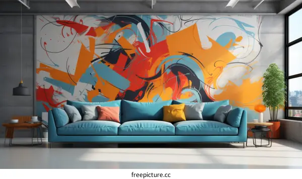Blue Couch in Front of an Abstract Wall Art