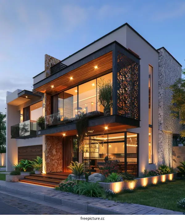 Modern Minimalist House with Glass and Stone Facade