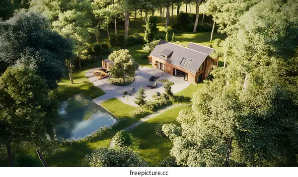 Modern House with Pond in the Woods