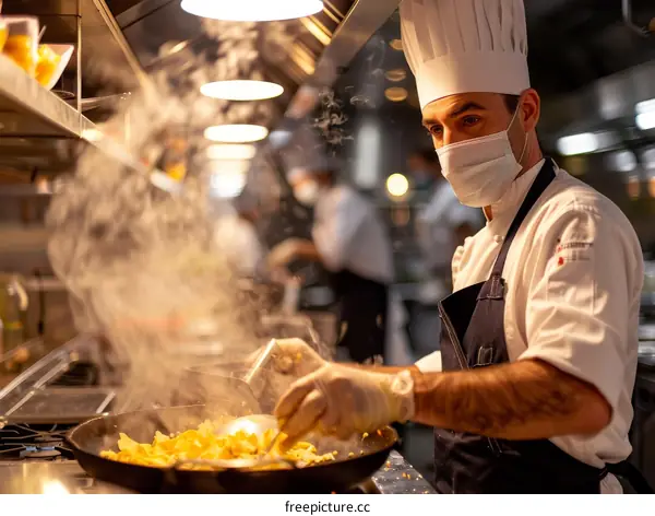Chef wearing a mask cooking in a restaurant kitchen