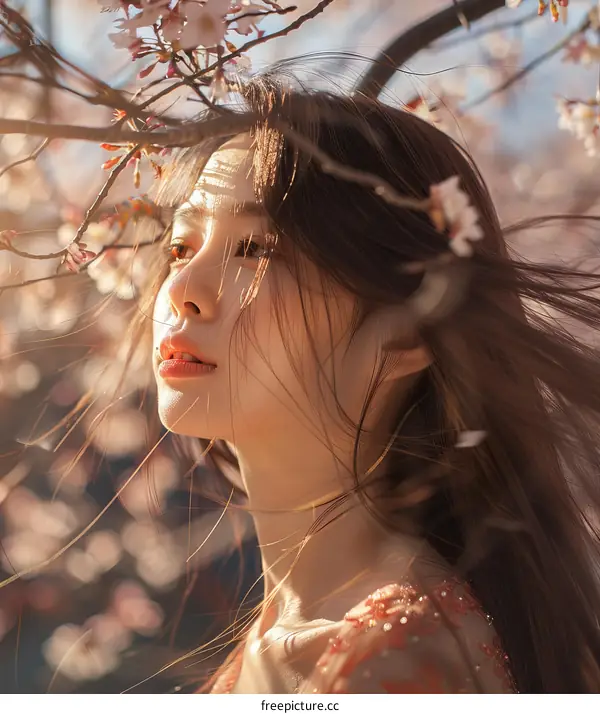 A beautiful Asian woman standing in a field of cherry blossoms