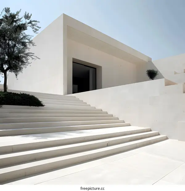 Modern White Concrete Building with Stairs and a Tree