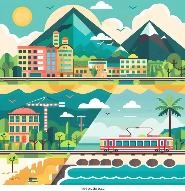Cityscape Illustration with Mountains, Buildings, and Train