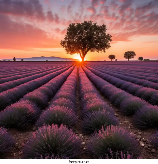 Lavender Field with Tree at Sunset in Provence
