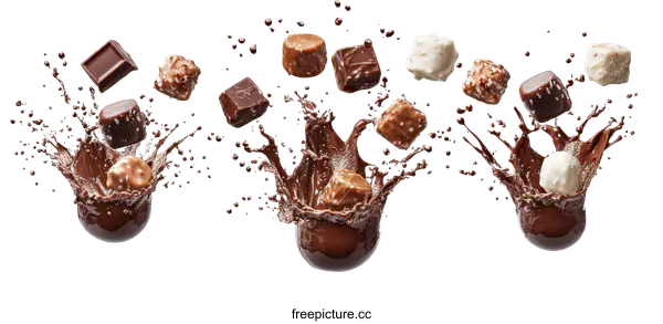 [Transparent Background PNG]Chocolate Pieces Splashing in Melted Chocolate