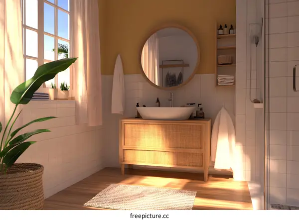 Modern Bathroom Design With Rattan Vanity And White Tiles