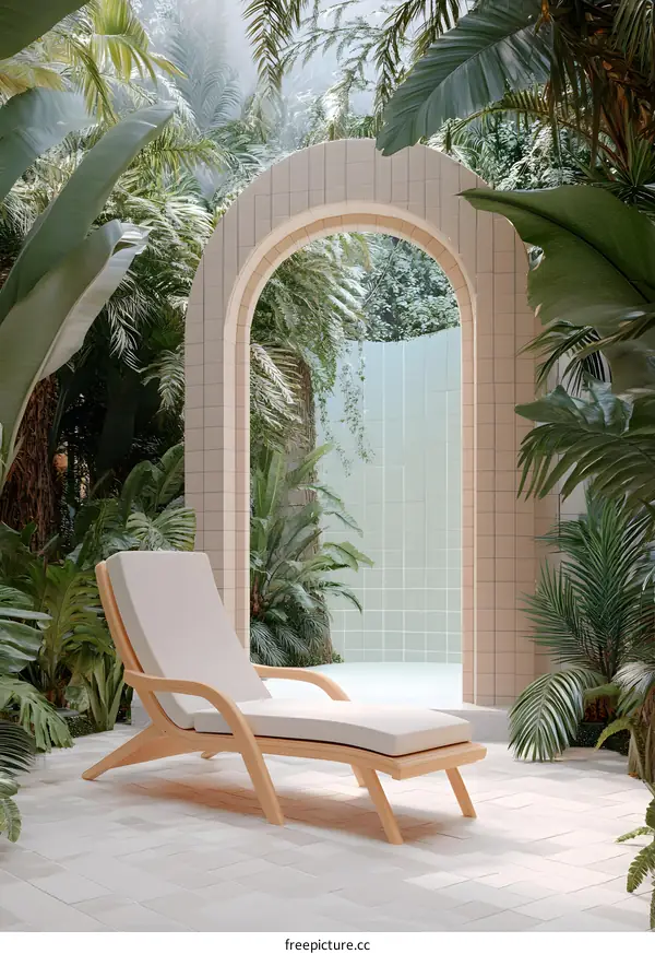Tropical Garden with Lounge Chair and Archway