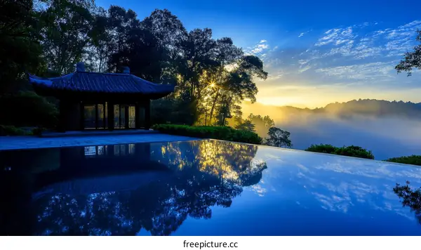 Serene Sunrise Over a Pool with a Pagoda