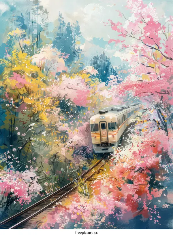 Train Meandering Through a Sea of Pink Cherry Blossoms