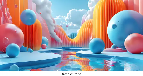 colorful 3d rendering of a surreal landscape with floating spheres and a river flowing through it
