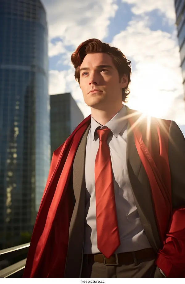 A young male superhero standing on a rooftop, looking out over the city.