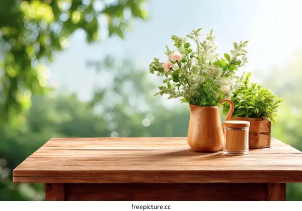 Wooden Table with Flowers and Plants Outdoors