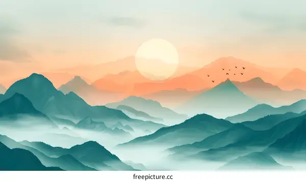 Hand-painted illustration of Chinese landscape painting, sunrise, mountain peaks and sea of clouds