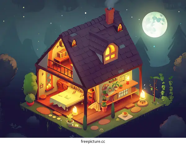 Cozy Cottage in the Woods at Night