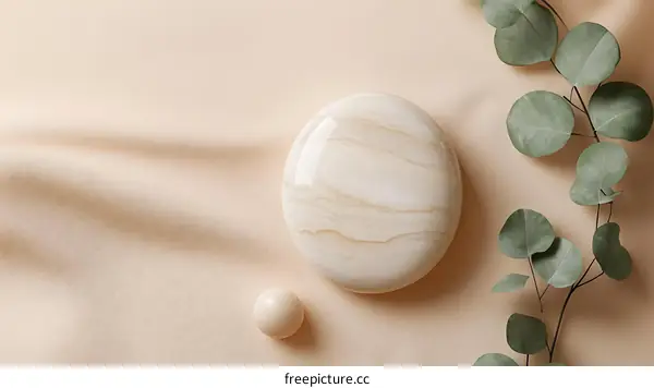 Elegant Beige Marble and Eucalyptus Minimalist Composition