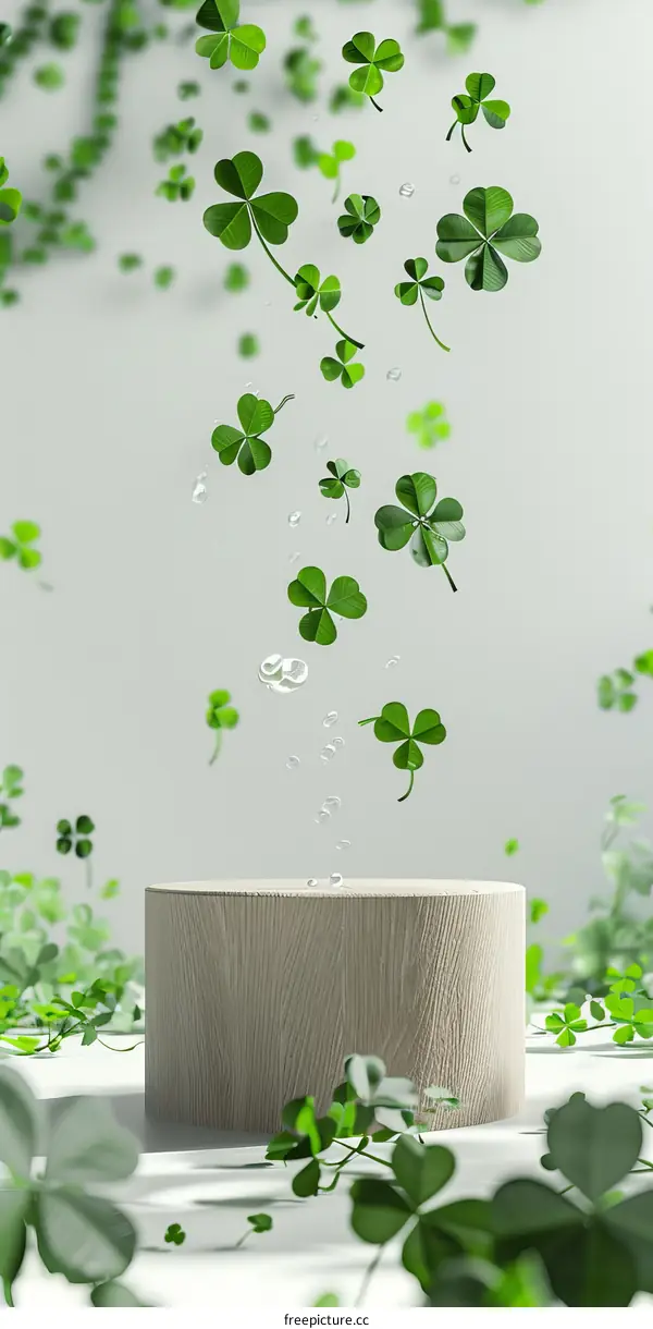 Three-Dimensional Clover Leaves Falling on a Wooden Platform on a White Background