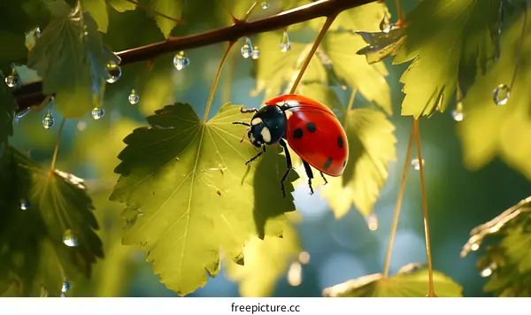 A red ladybug on a green leaf with water drops