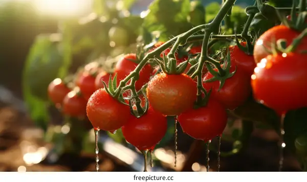 Close-up of ripe tomatoes growing in a greenhouse