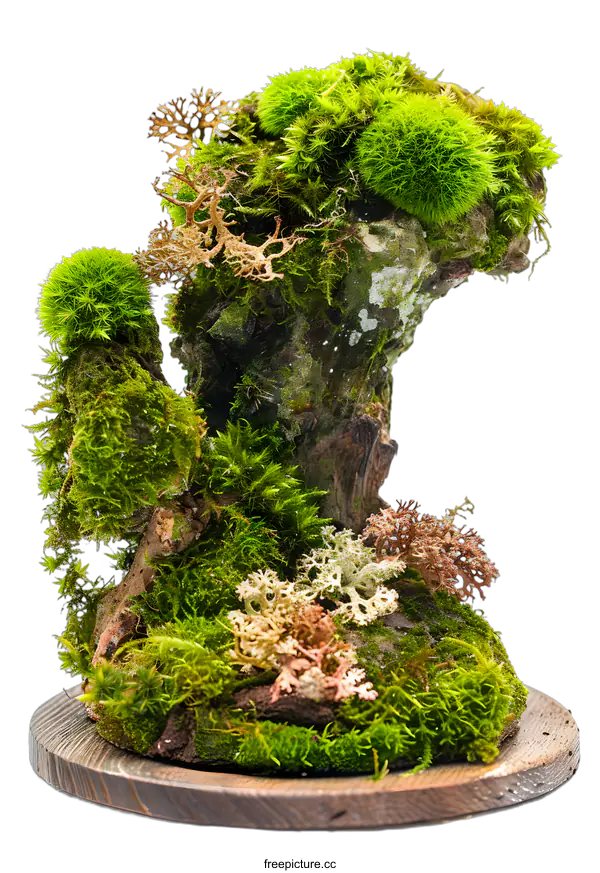 [Transparent Background PNG]Green Moss Covered Tree Stump On Wooden Base