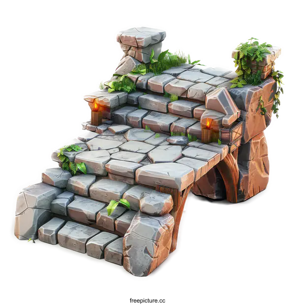 [Transparent Background PNG]Stone stairs with overgrown plants and two lanterns