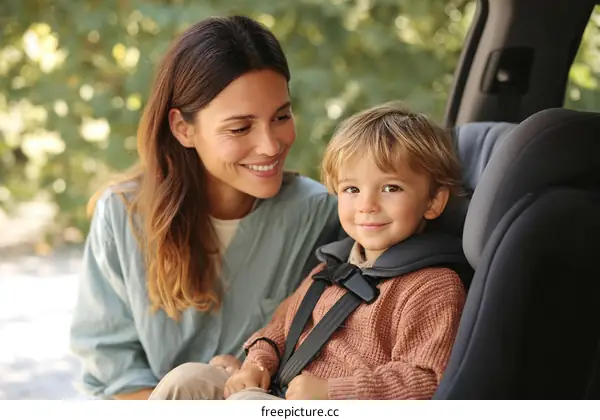 Mother and Child in a Car Seat Outdoors
